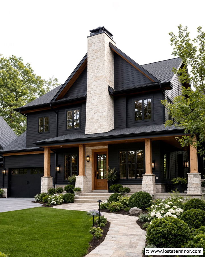 Black House With Stone Chimney - 30 Black House Design With Stone Accents Ideas
