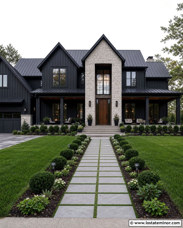 Black House With Stone Entry Tower - 30 Black House Design With Stone Accents Ideas