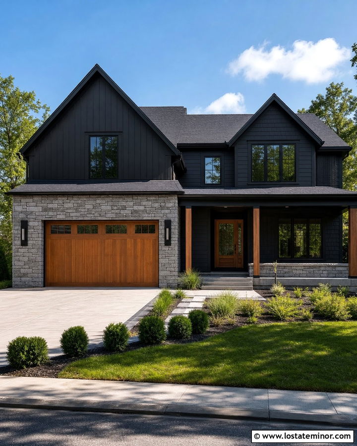 Black House With Stone Garage - 30 Black House Design With Stone Accents Ideas