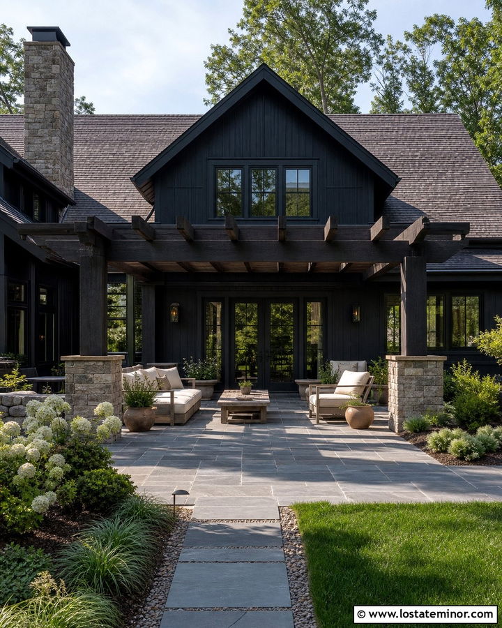 Black House With Stone Patio Pergola - 30 Black House Design With Pergola Ideas