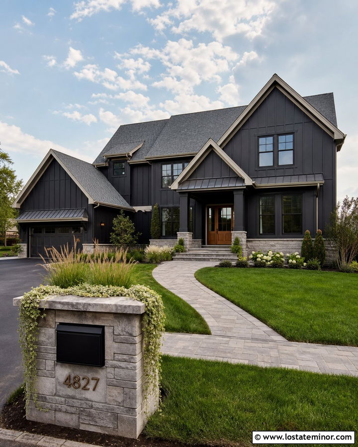 Black House With Stone Planter Mailbox - 30 Black House Design With Mailbox Ideas