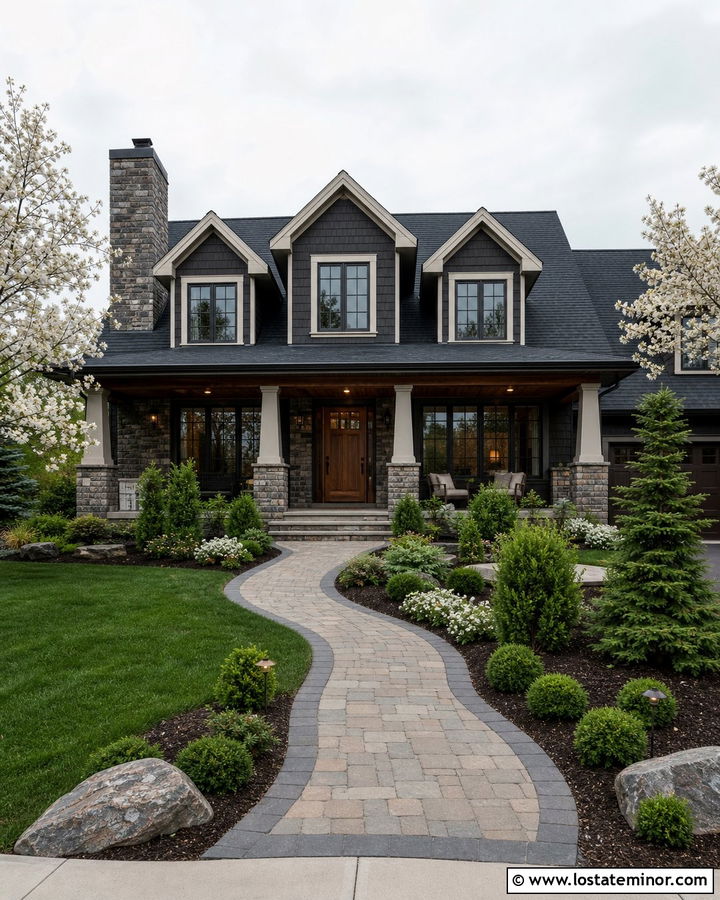 Black House With Stone Porch And Dormers - 30 Black House Design With Dormers Ideas