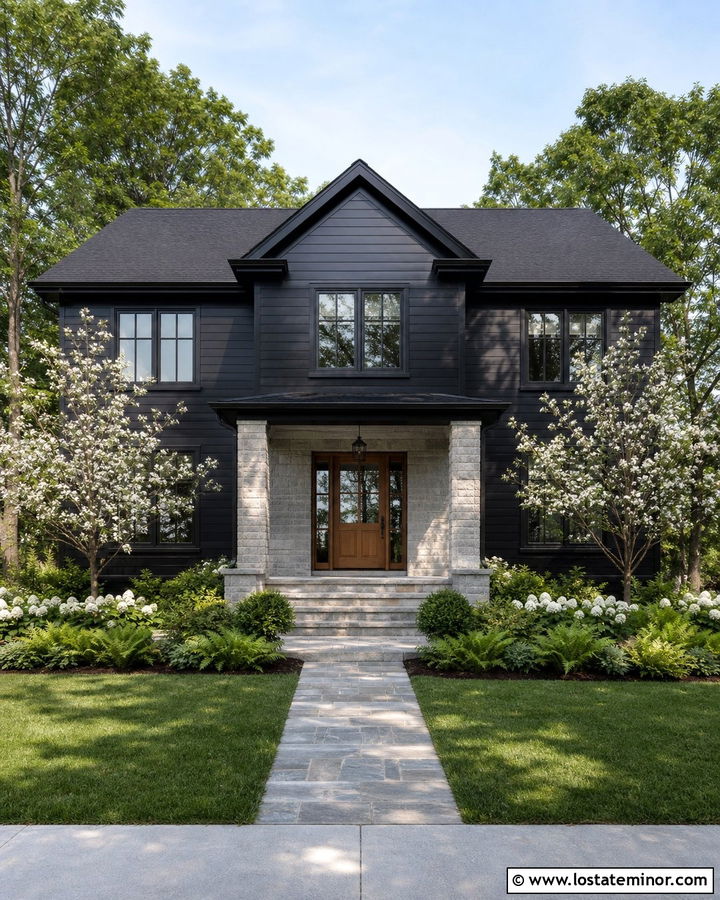 Black House With Stone Porch And Flowering Trees - 30 Black House Design With Landscaping Ideas