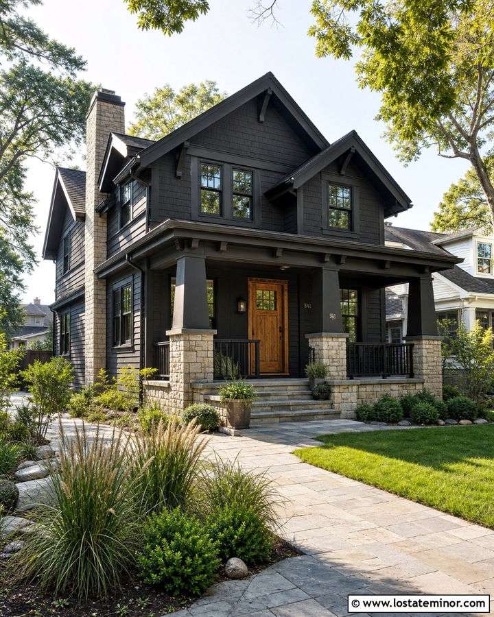 Black House With Stone Porch And Railings - 30 Black House Design With Railings Ideas