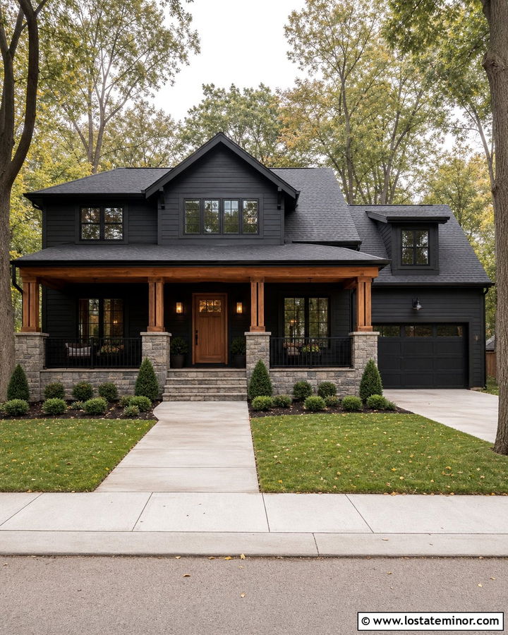 Black House With Stone Porch Columns - 30 Black House Design With Stone Accents Ideas