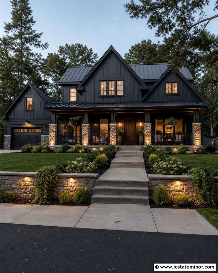 Black House With Stone Porch Uplighting - 30 Black House Design With Lighting Ideas