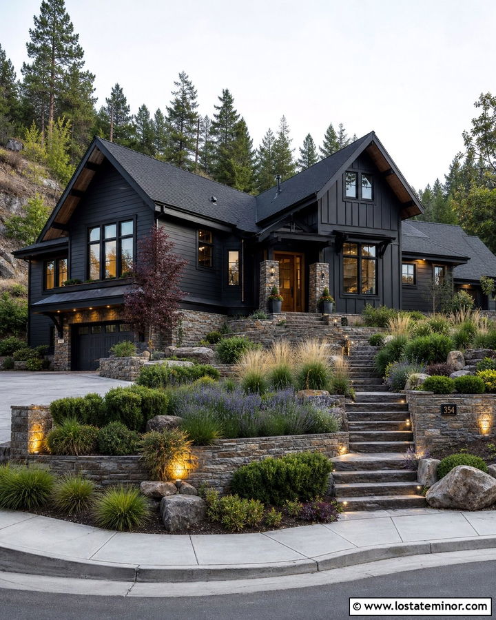 Black House With Stone Retaining Walls - 30 Black House Design With Stone Accents Ideas