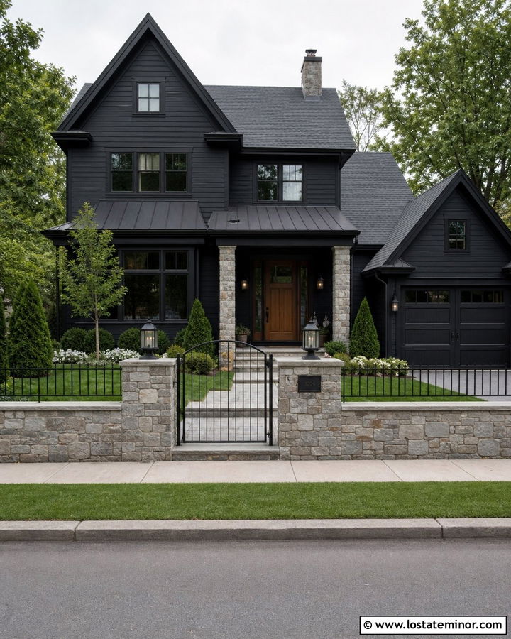 Black House With Stone Wall And Iron Fence - 30 Black House Design With Fence Ideas