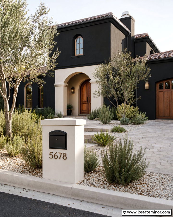 Black House With Stucco Mailbox Column - 30 Black House Design With Mailbox Ideas