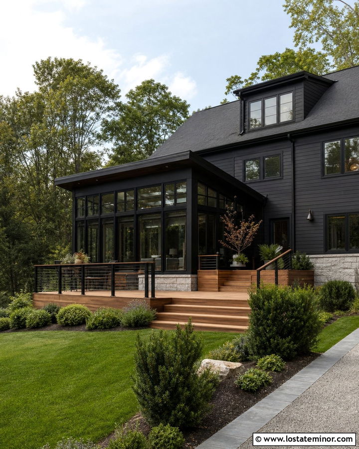 Black House With Sunroom And Deck - 30 Black House Design With Sunroom Ideas