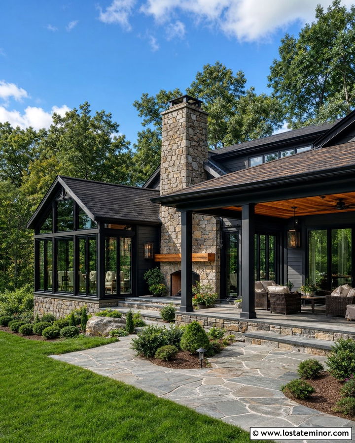 Black House With Sunroom And Outdoor Fireplace - 30 Black House Design With Sunroom Ideas