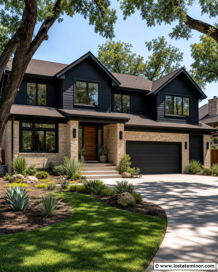 Black House With Tan Brick Accents - 30 Black House Design With Accents Ideas