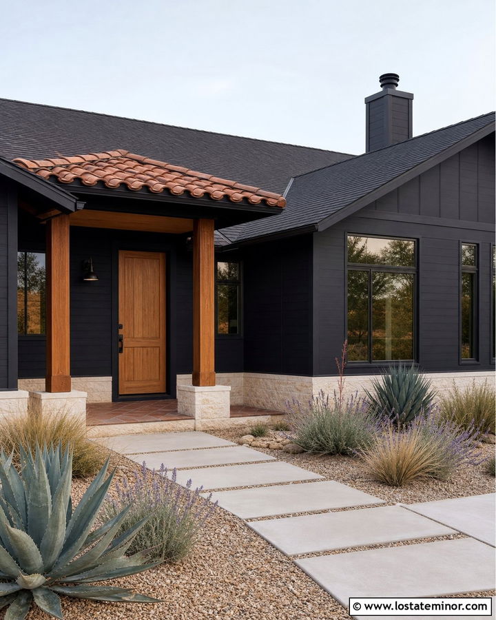 Black House With Terracotta Accents - 30 Black House Design With Siding Ideas