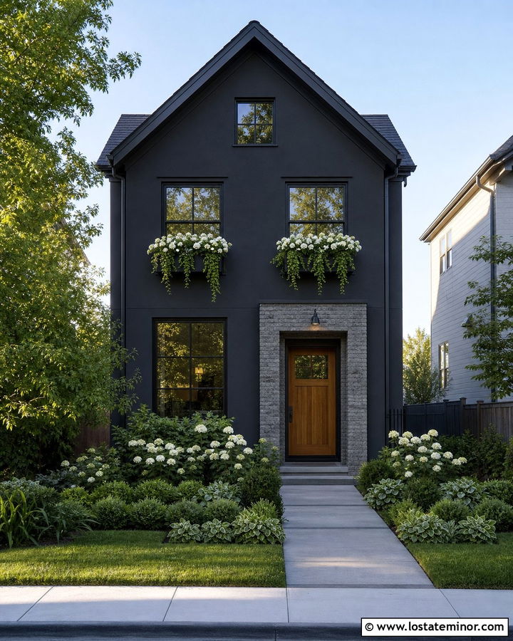 Black House With Upper Story Window Boxes - 30 Black House Design With Window Boxes Ideas