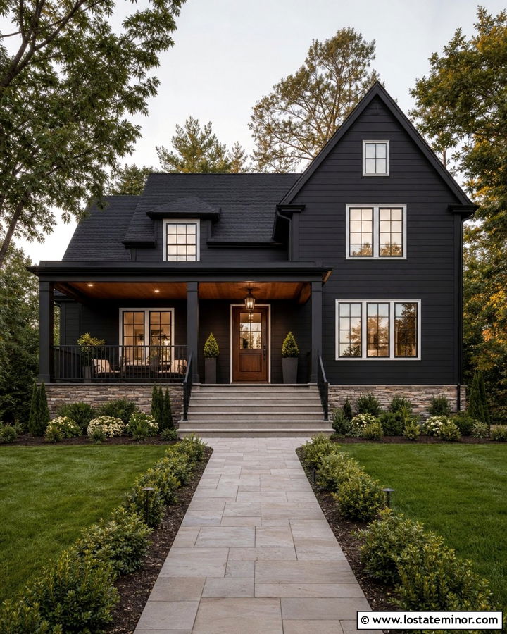 Black House With Vertical Metal Railings - 30 Black House Design With Railings Ideas