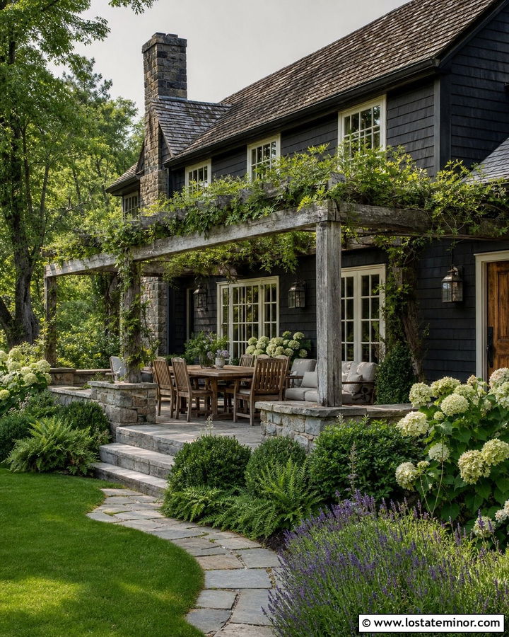 Black House With Vine Covered Pergola - 30 Black House Design With Pergola Ideas