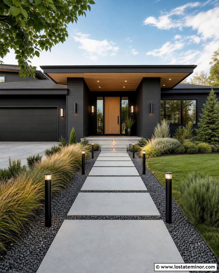 Black House With Walkway Lighting - 30 Black House Design With Walkway Ideas