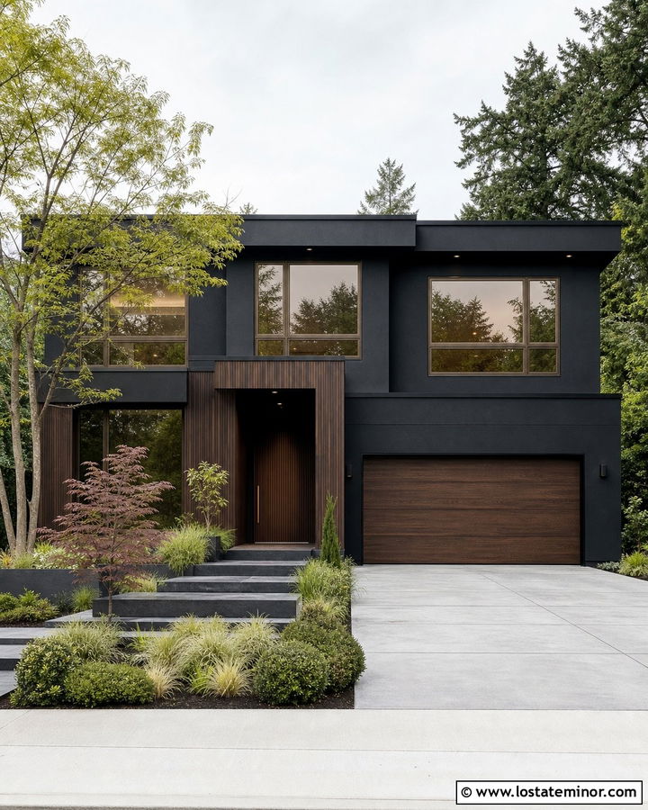 Black House With Walnut Accents - 30 Black House Design With Accents Ideas