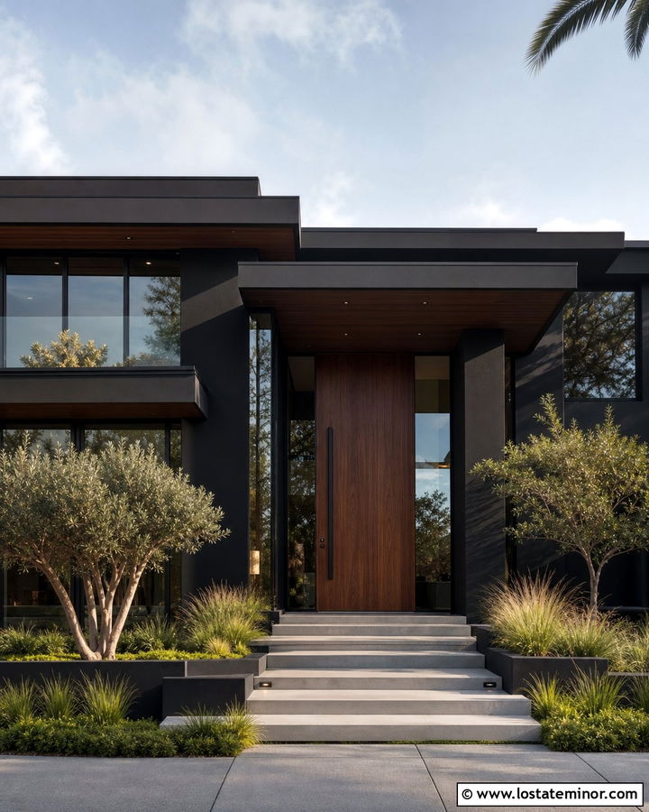 Black House With Walnut Pivot Door - 30 Black House Design With Front Door Ideas
