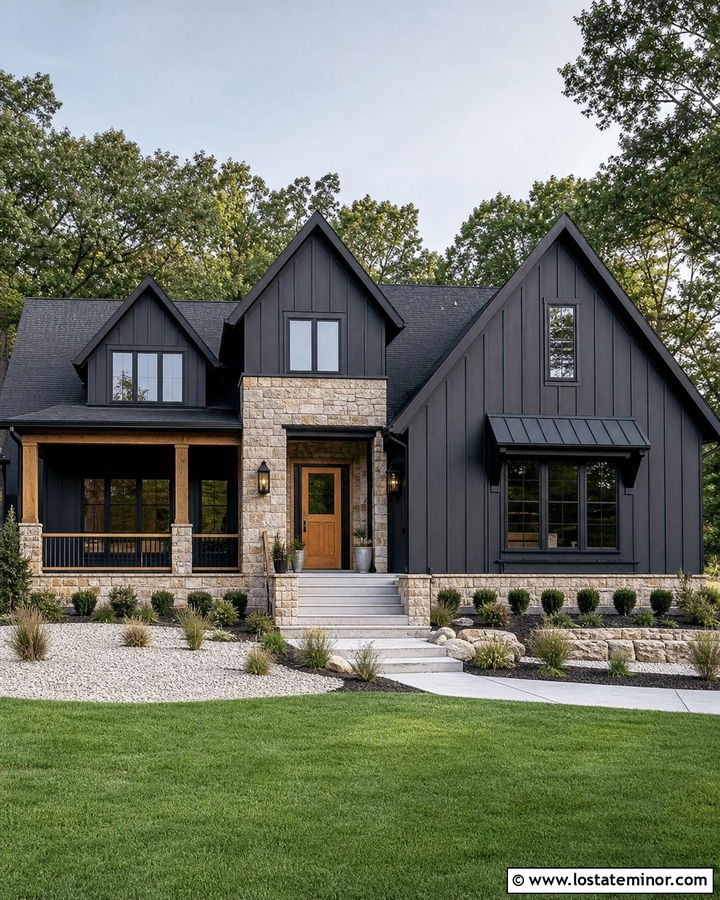Black House With Warm Stone Entry - 30 Stone House Design With Stone Accents Ideas