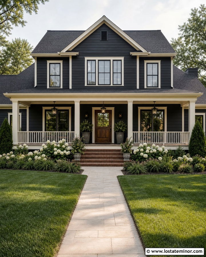 Black House With Warm White Front Porch - 30 Black House Design With Front Porch Ideas