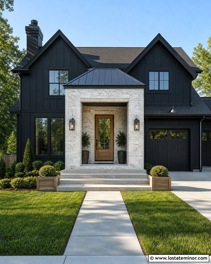 Black House With White Brick Portico - 30 Black House Design With Portico Ideas