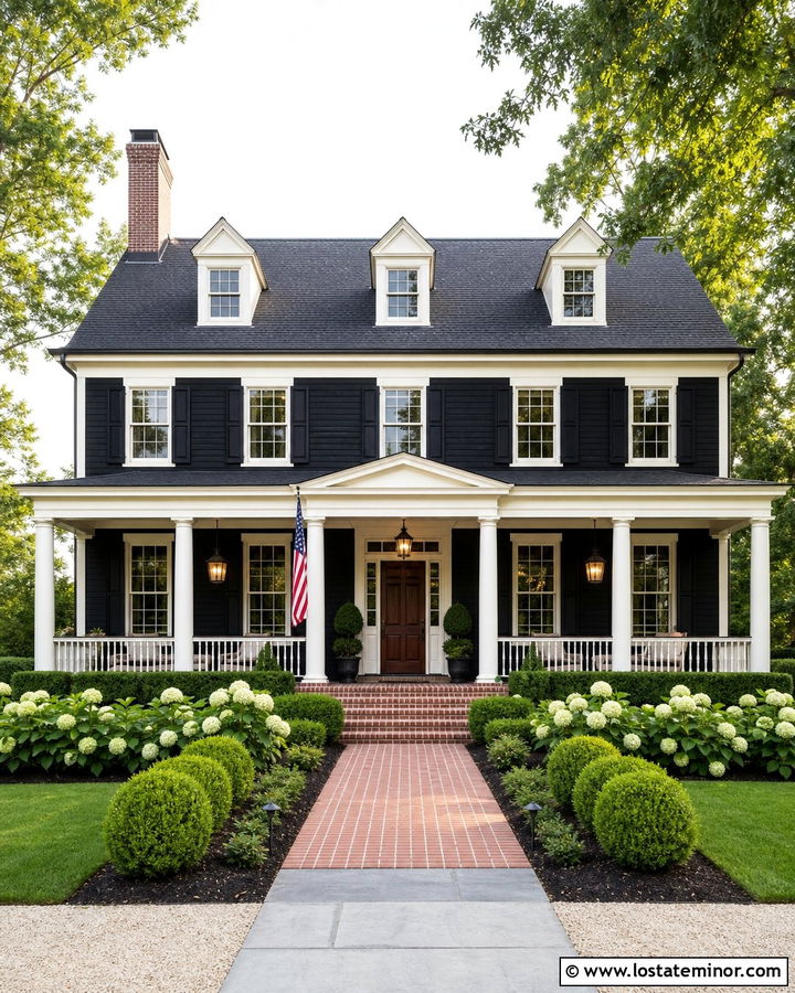 Black House With White Columns Front Porch - 30 Black House Design With Front Porch Ideas