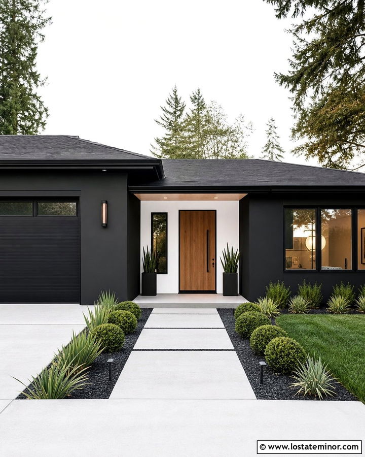Black House With White Concrete Walkway - 30 Black House Design With Walkway Ideas