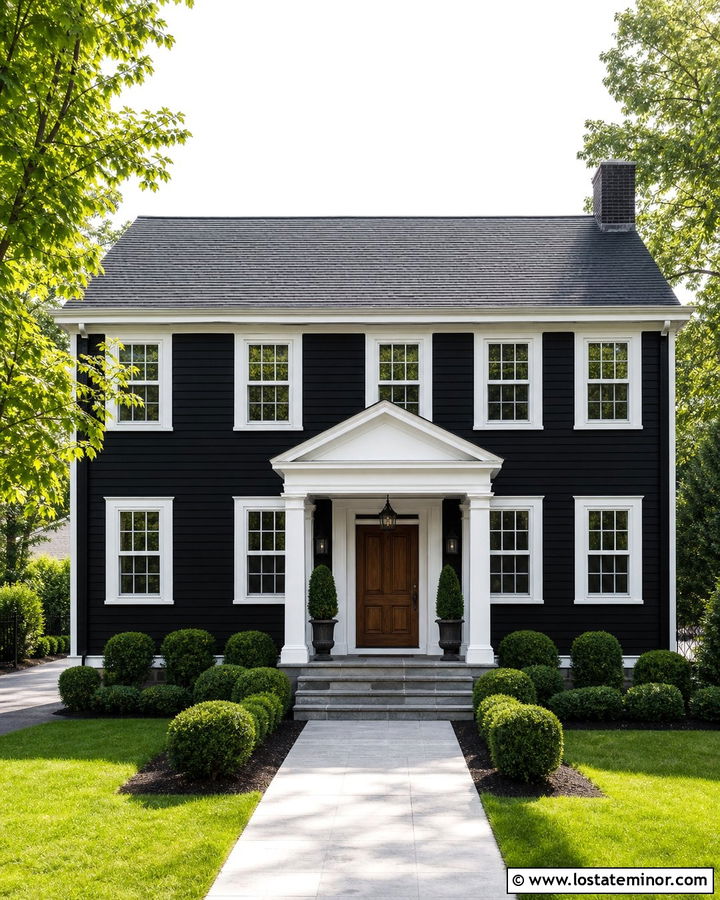 Black House With White Gabled Portico - 30 Black House Design With Portico Ideas
