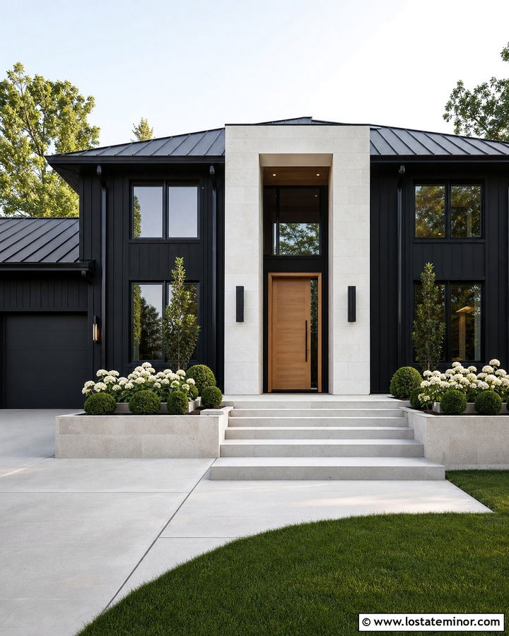 Black House With White Limestone Entry - 30 Black House Design With Stone Accents Ideas