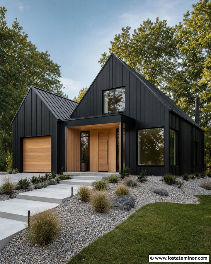 Black House With White Oak Accents - 30 Black House Design With Accents Ideas