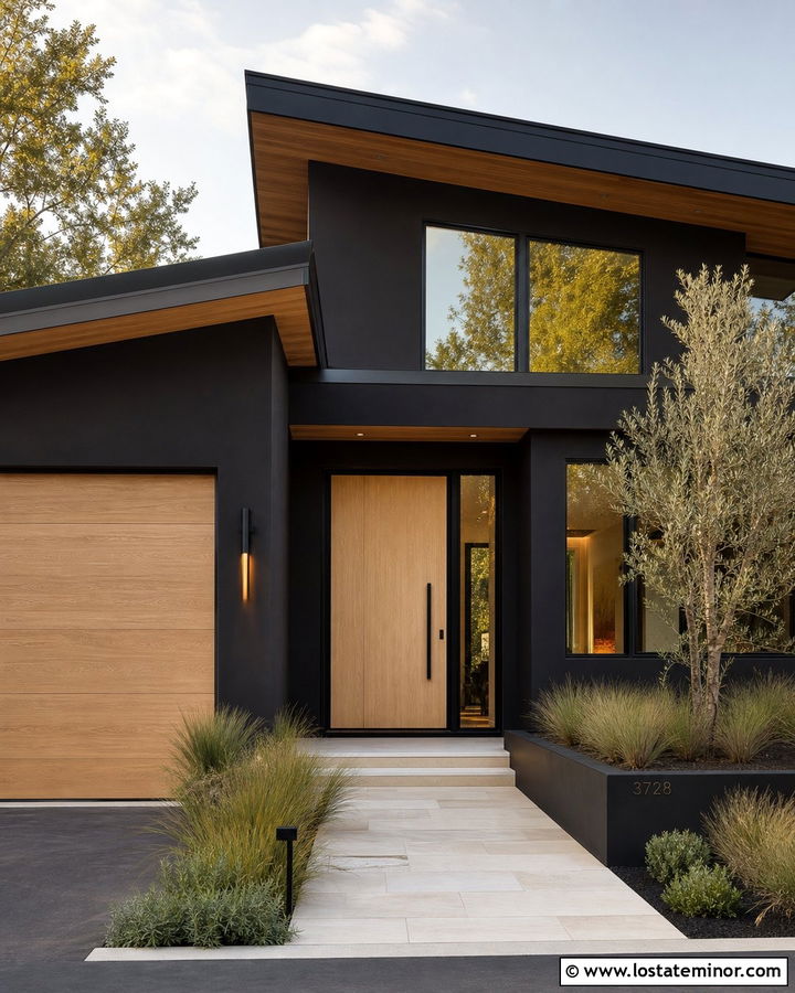 Black House With White Oak Pivot Door - 30 Black House Design With Entry Door Ideas