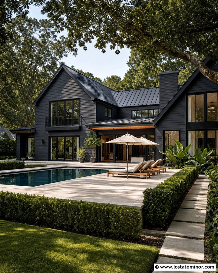 Black House With White Pool Deck - 30 Black House Design With Swimming Pool Ideas