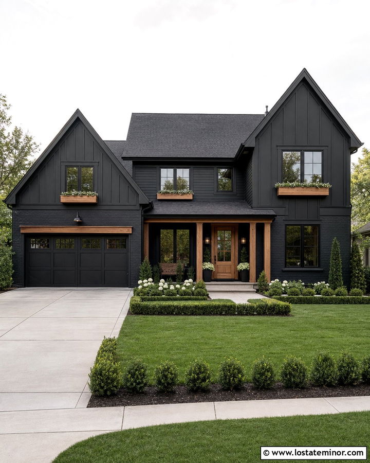 Black House With White Trim And Cedar Window Boxes - 30 Black House Design With Window Boxes Ideas