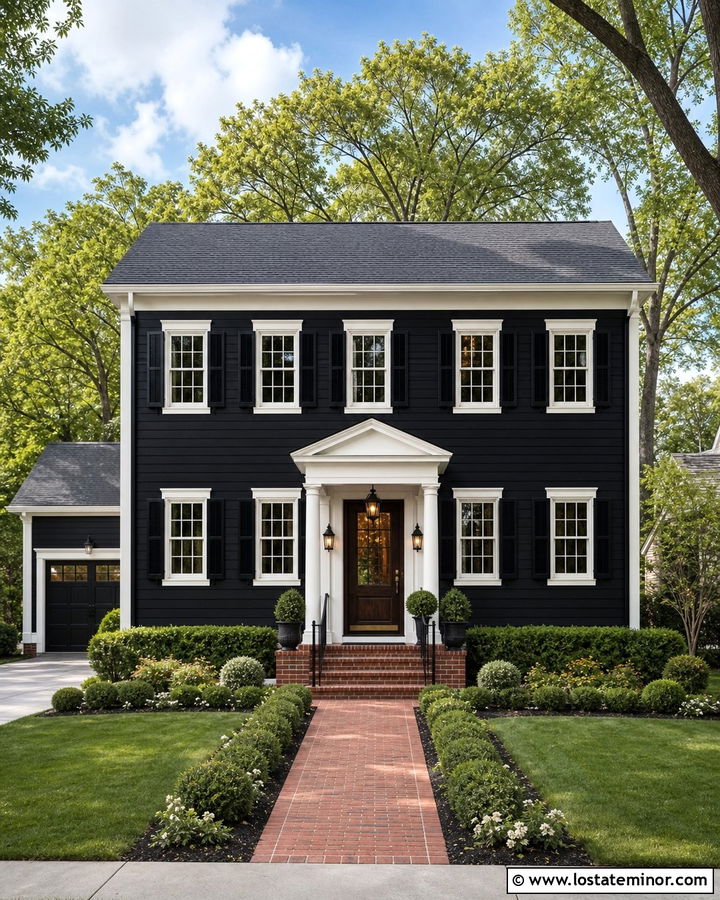 Black House With White Trim And Lanterns - 30 Black House Design With Lighting Ideas