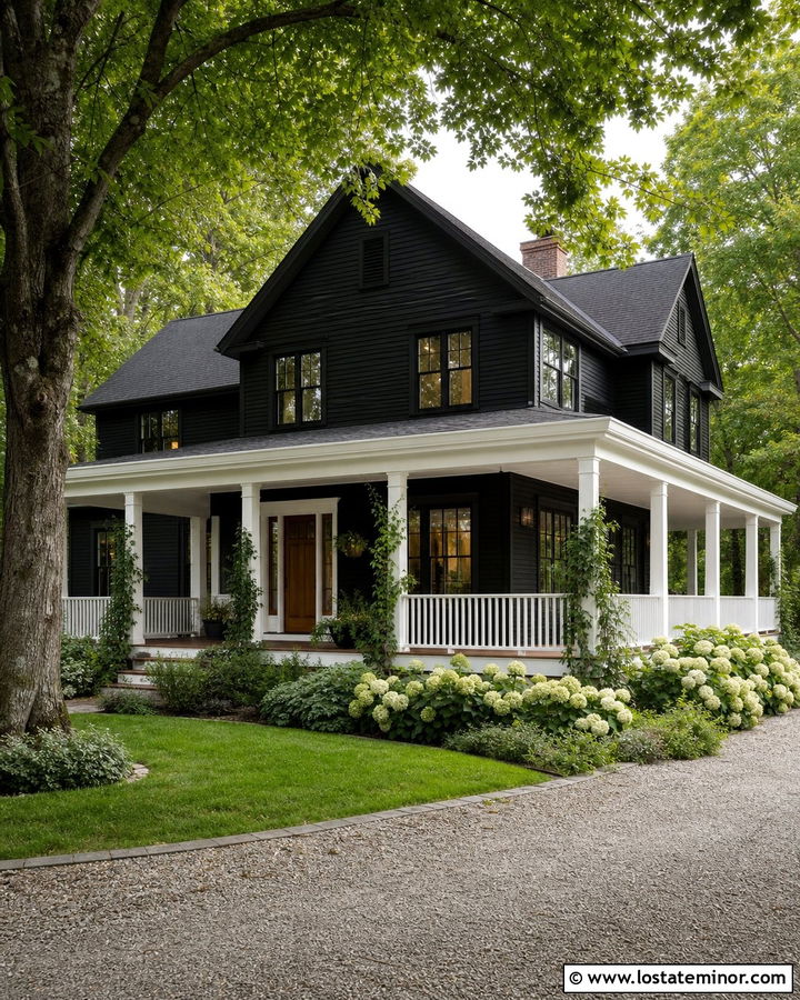 Black House With White Wraparound Porch Columns - 30 Black House Design With Porch Columns Ideas