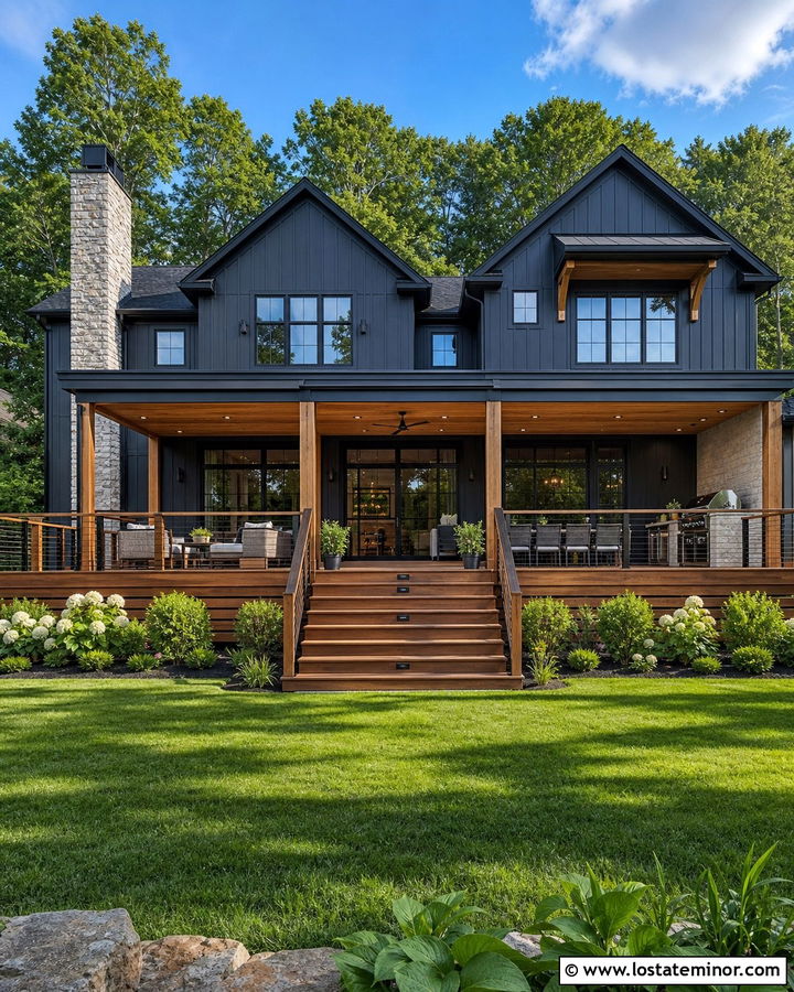 Black House With Wide Entertaining Deck - 30 Black House Design With Deck Ideas
