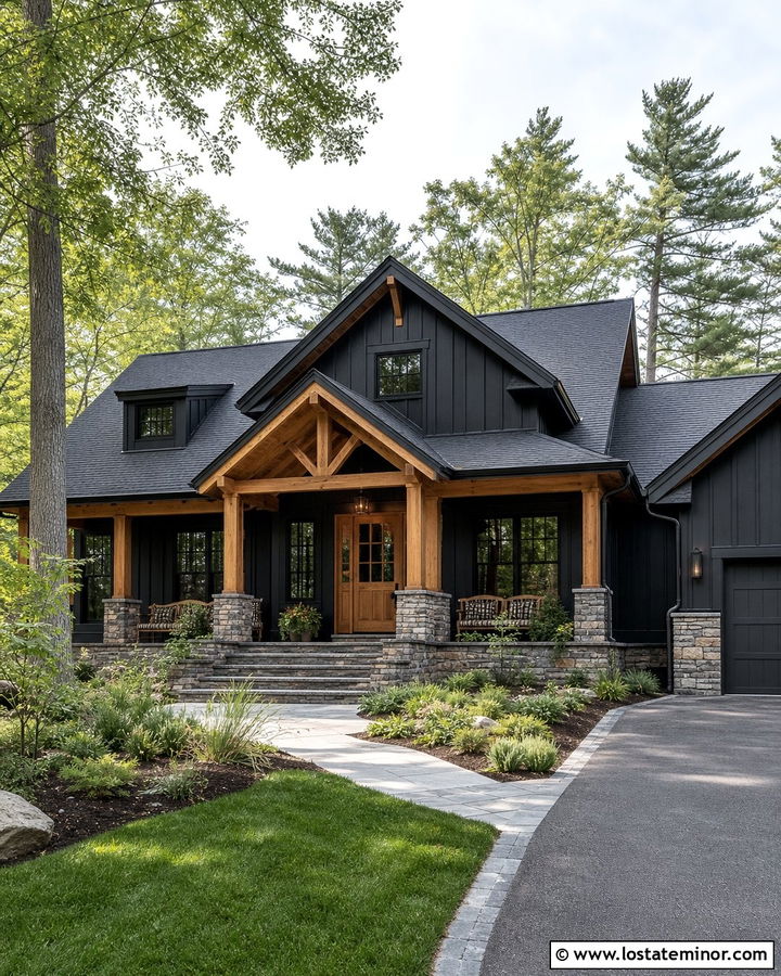 Black House With Wood And Stone Accents - 30 Black House Design With Accents Ideas