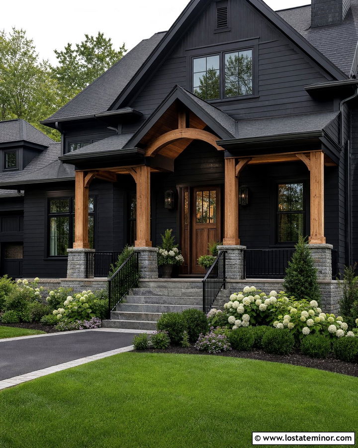 Black House With Wood Columns Front Porch - 30 Black House Design With Front Porch Ideas