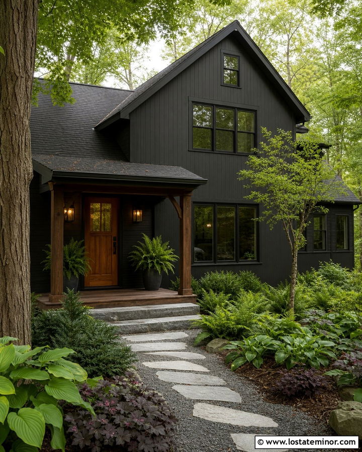 Black House With Wood Door And Fern Landscaping - 30 Black House Design With Landscaping Ideas