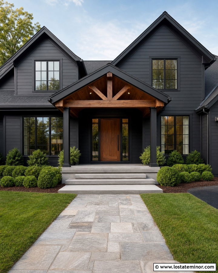 Black House With Wood Door Portico - 30 Black House Design With Portico Ideas