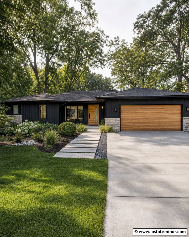 Black House With Wood Garage Door Accents - 30 Black House Design With Accents Ideas