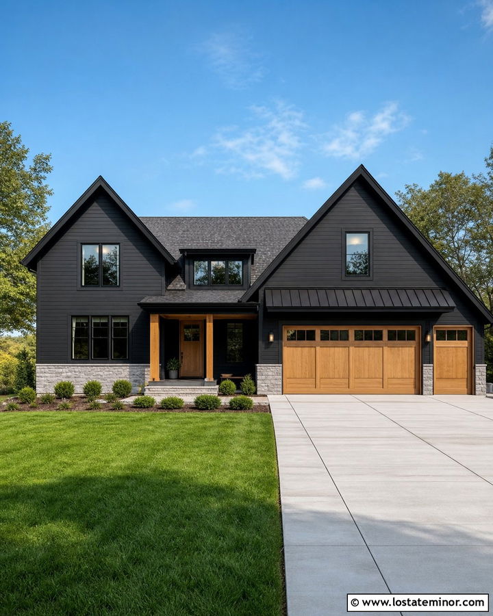 Black House With Wood Garage Doors - 30 Black House Design With Shingles Ideas