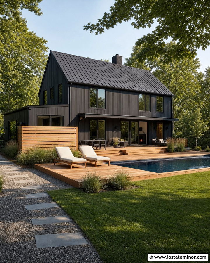Black House With Wood Pool Deck - 30 Black House Design With Swimming Pool Ideas