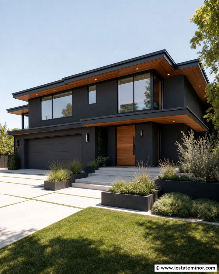 Black House With Wood Soffit Lighting - 30 Black House Design With Light Fixtures Ideas