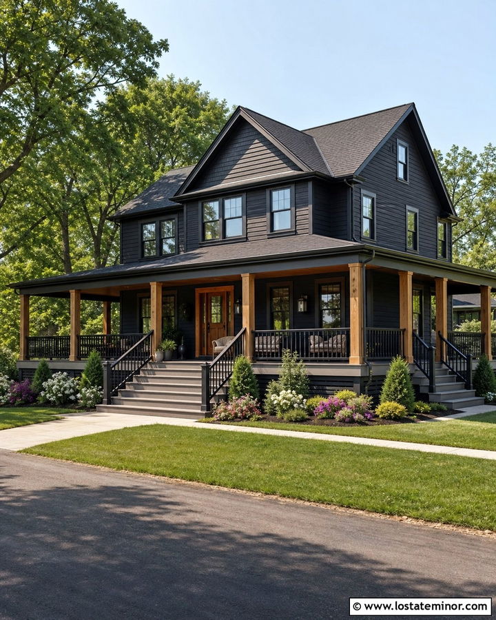 Black House With Wraparound Porch Steps - 30 Black House Design With Steps Ideas