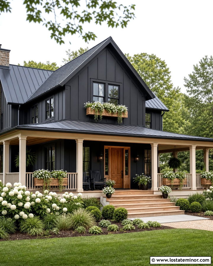 Black House With Wraparound Porch Window Boxes - 30 Black House Design With Window Boxes Ideas