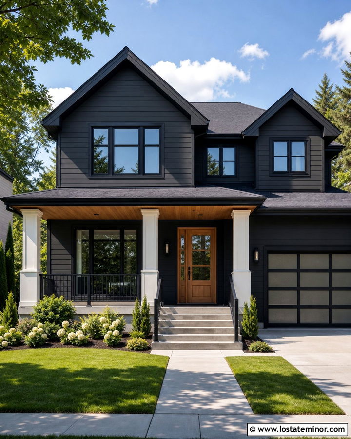 Black House With Wrapped Porch Posts - 30 Black House Design With Porch Columns Ideas