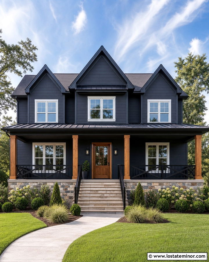 Black House With X Pattern Railings - 30 Black House Design With Railings Ideas