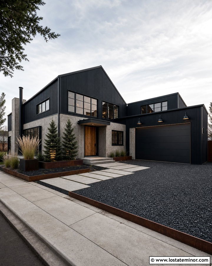 Black Industrial House With Black Gravel Driveway - 30 Black House Design With Driveway Ideas